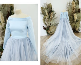 Blue ombre wedding dress with huge train and glitter tulle layer, sparkle blue dress | Lisa custom blue dress