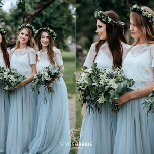 Dusty Blue Boho Bridesmaids Separates: Rustic Bridesmaid Dresses, Dusty Blue Waterfall Tulle Skirt and Belle Lace Top Available in Plus Size image 1