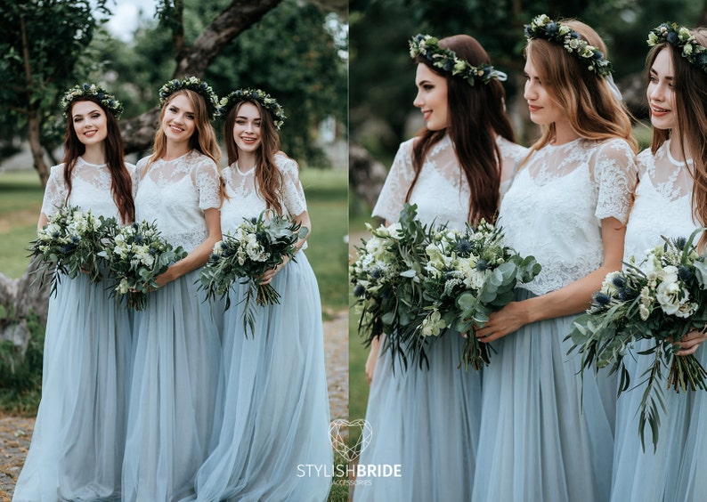 Dusty Blue Boho Bridesmaids Separates: Rustic Bridesmaid Dresses, Dusty Blue Waterfall Tulle Skirt and Belle Lace Top Available in Plus Size image 1