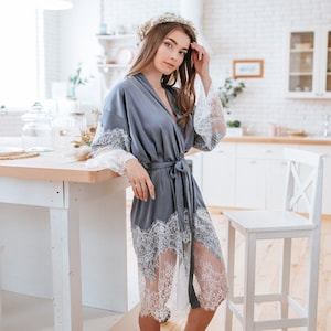 Slate Grey Silk Satin Robe - Mother&#39;s Day Gift, Grey Silk Robe, Gray Graphite Bridesmaid Robes | Tenderness