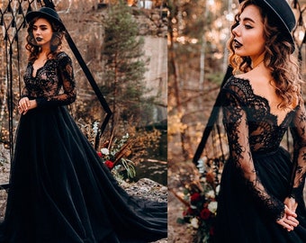 NEW! Aster black boho wedding dress, black separates, two pieces black lace bridal dress with train | ASTER & LUMINA a-line tulle skirt