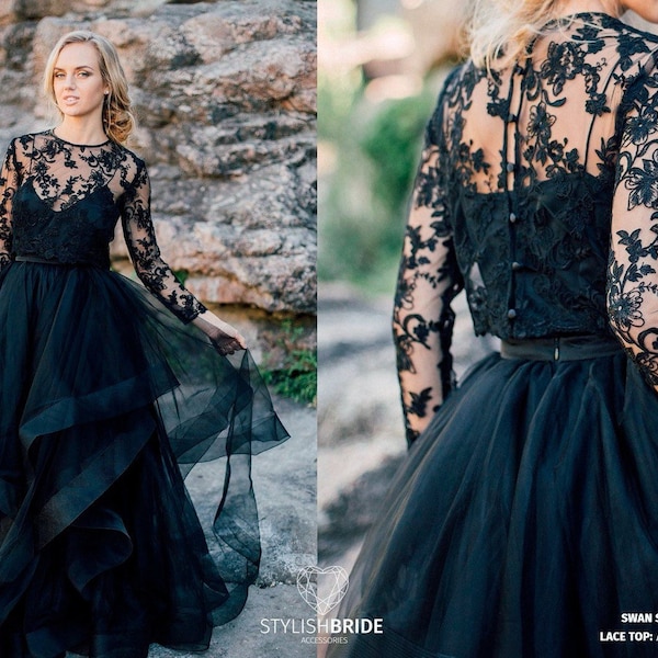 Swan Black Engagement or Wedding Dress, Waves Horsehair Dress, Black Engagement Tulle Dress, Albertine Lace Top, Flower bridal dress