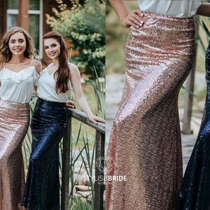 Sequin Skirts for Bridesmaids, Rose Gold Blush Navy Green Sequin Skirt Floor Length with Silk Tops in Plus Size, Party Sequin Skirts image 1