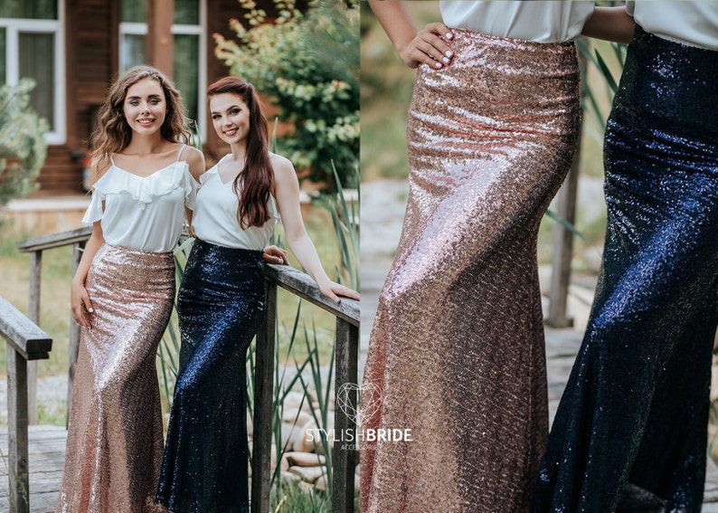 Sequin Skirts for Bridesmaids, Rose Gold Blush Navy Green Sequin Skirt Floor Length with Silk Tops in Plus Size, Party Sequin Skirts image 1