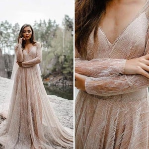 Laura Glitter Bridal Dress, Waves Wedding Glitter Dress V-neck with Bodysuit or Slip Long Silk Dress, Engagement Nude Dress by SBA image 1