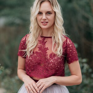 Wine Lace Top, Wine Red Lace Prom Tops, Bridesmaids Crop Top, Lace Evening Engagement Blouse | MARY