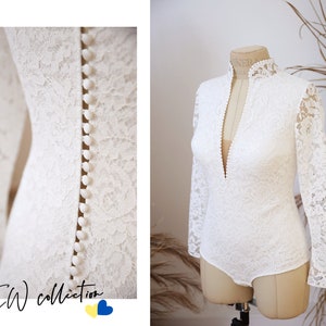 Wedding romantic lace bodysuit buttoned back with deep v neck. Plunge neck bodysuit | Justin