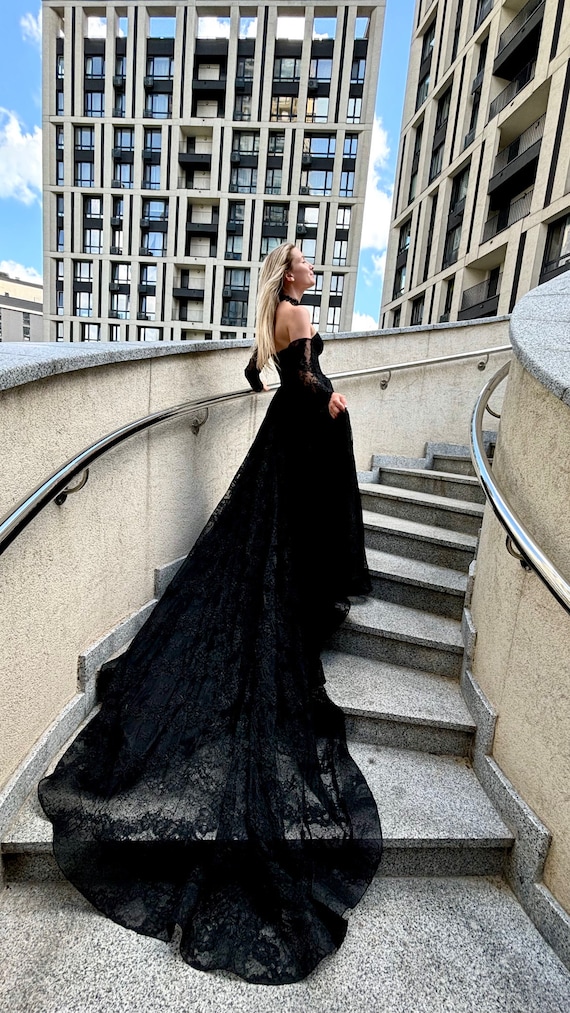 Black whisper of Love Wedding Lace Dress. off Shoulder Corset Bridal Lace Gown. A line Black Lace Dress Huge Train by Stylishbrideatelier Etsy UK
