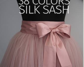 70+ colors Silk Sash, Silk Satin Bow Tulle Skirt Matching 38 Colors of Silk Blush Pink Blue Green White Ivory Yellow Purple Lavender