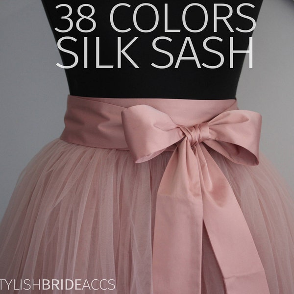 70+ colors Silk Sash, Silk Satin Bow Tulle Skirt Matching 38 Colors of Silk Blush Pink Blue Green White Ivory Yellow Purple Lavender