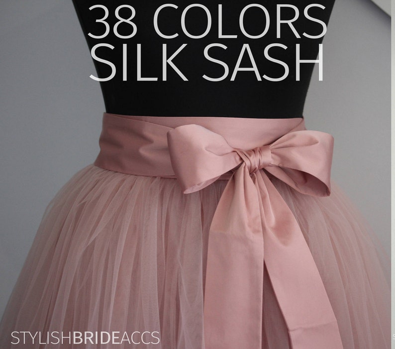 70 colors Silk Sash, Silk Satin Bow Tulle Skirt Matching 38 Colors of Silk Blush Pink Blue Green White Ivory Yellow Purple Lavender image 1