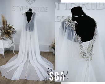Crystals Embroideries Chiffon Wedding Cape, Sparkle Crystal Bridal Cape, Chic Bridal Cape, Wedding Chiffon Cloak | Holly