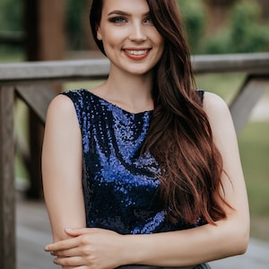 Sequined Top with Silk Satin Soft Lux Lining, Indigo "Confetti" Prom Party or Bridesmaids Blue Sequined Blouse Plus Size
