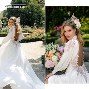 Blossom Delight: Silk Satin Romantic Floral Wedding Gown with Open Back Blush Flowers & Amazing Train