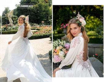 Blossom Delight: Silk Satin Romantic Floral Wedding Gown with Open Back Blush Flowers & Amazing Train