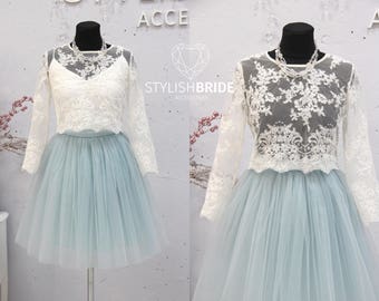 Short Dusty Blue Belle Dress Tulle Set Lace Crop Top with Sleeves and Tulle skirt long, Short version prom lace dress