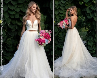 Wow Shimmering Glitter Wedding Gown 3 pieces : Sparkle Ball Skirt, Glitter Crop Top & Satin Bustier | "Diamond" Handmade by StylishBrideAccs