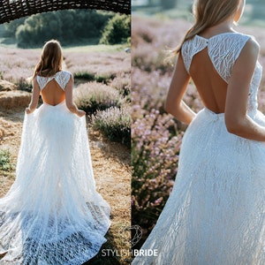 Glitter Сrystal Waves/3 Piece Bridal Tulle Dress: Long A-line Transparent Overskirt+Bodysuit, SBA'20 Glitter Bridal Dress,  Wedding