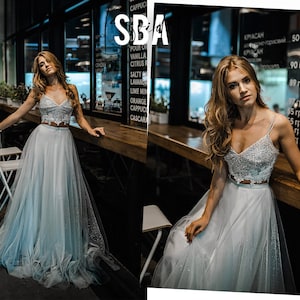 Dusty Blue Ombre Glitter Star Thin Straps Bridal Dress, Mist Glitter Bridal Shadow & Bianca Skirt, Sparkle Dress,  Wedding 2024