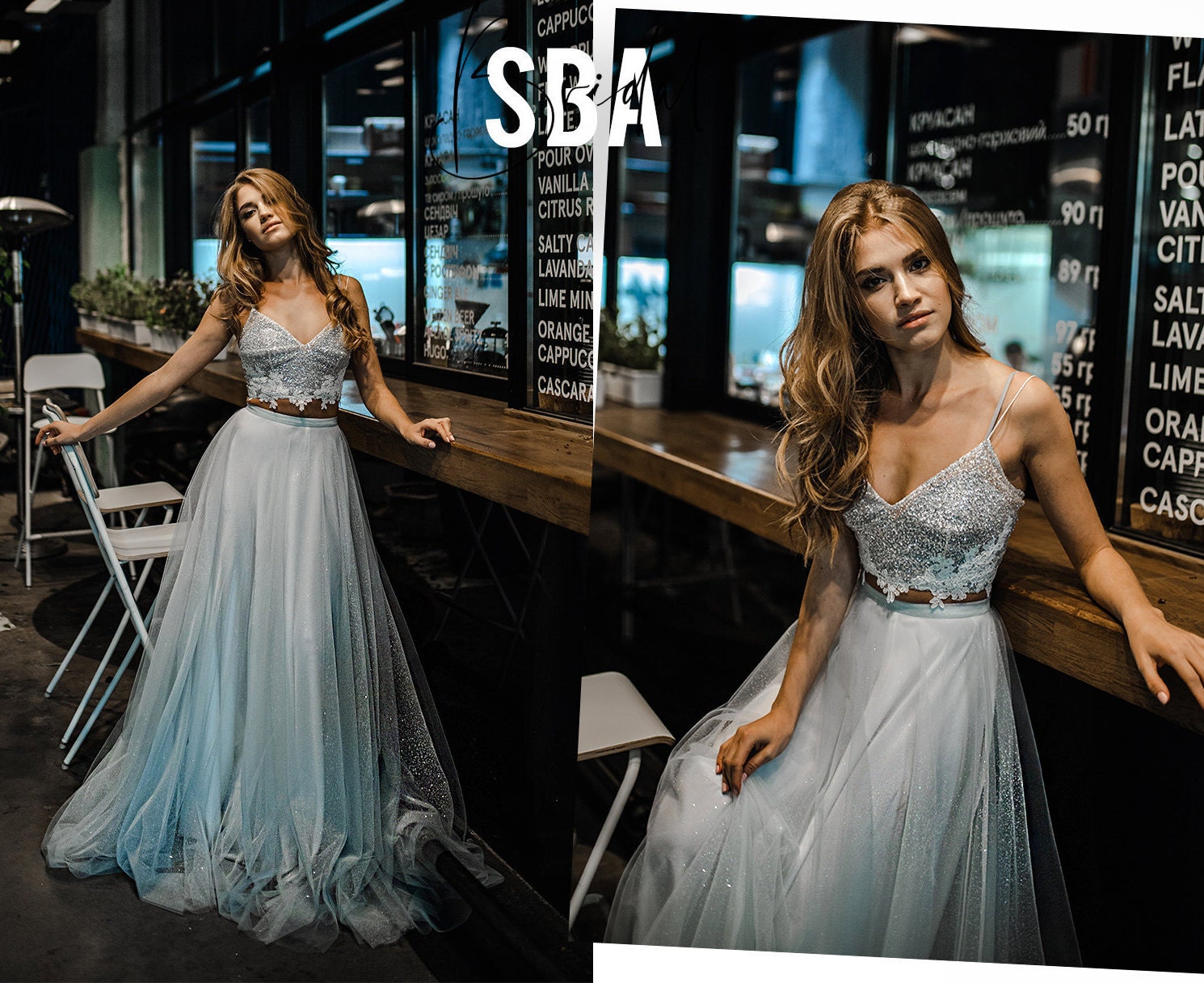 [Super günstig] Dusty Blue Shadow Bridal 2024 Bianca Straps Star Glitter Dress, Bridal Skirt, Mist Dress, Glitter Wedding Ombre & Thin Sparkle