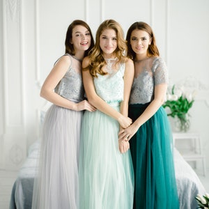 Green Grey Palette Bridesmaids Lace Mary Dress, Long Emerald Waterfall Bridesmaids Skirt , Green Grey Engagement Prom Dresses Plus Size image 1