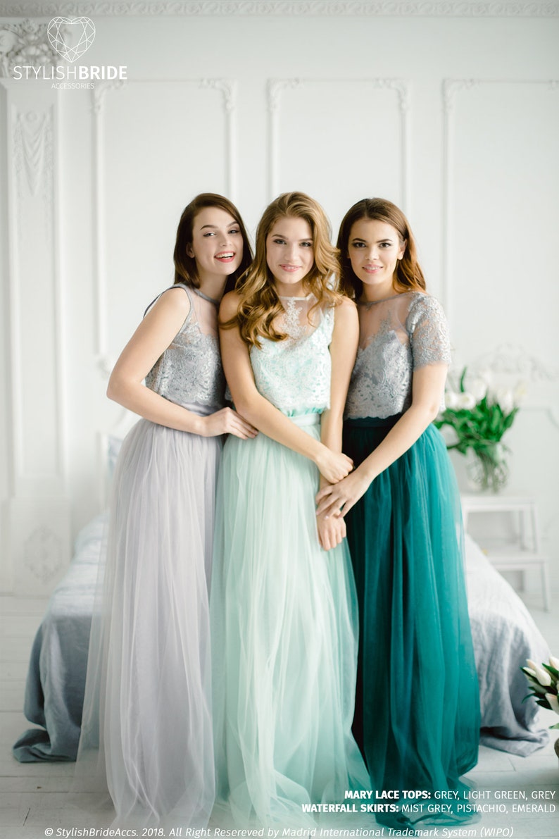 Green Grey Palette Bridesmaids Lace Mary Dress, Long Emerald Waterfall Bridesmaids Skirt , Green Grey Engagement Prom Dresses Plus Size image 1