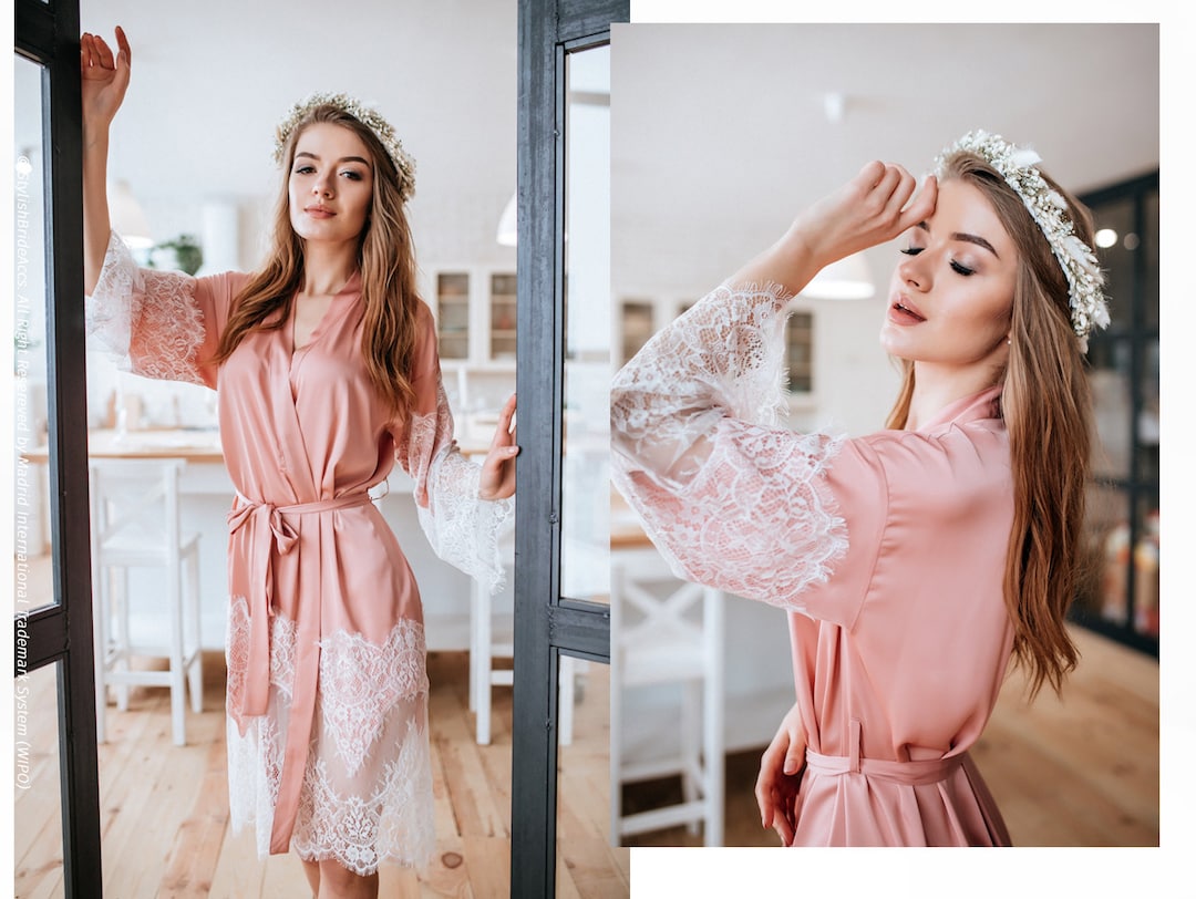Blush Silk Robe Blush Bridal Robe With Wide Lace Trim Gift Etsy