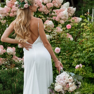 Elegance: Hi-Quality Bridal Silk Satin Slip Dress with Deep V Open Back and Train, Ivory Slip Wedding Dress by Stylishbrideaccs image 6
