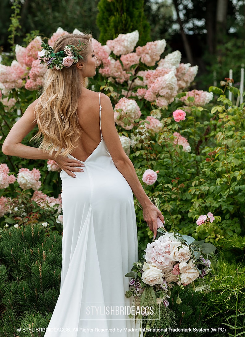 Elegance: Hi-Quality Bridal Silk Satin Slip Dress with Deep V Open Back and Train, Ivory Slip Wedding Dress by Stylishbrideaccs image 6