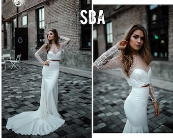 Mermaid Fitted Bridal Dress with a Fishtail, Sequin Beaded Wedding Dress Long Sleeve, Lia Crepe Stretch Fit and Flare Bridal Skirt -3 pieces