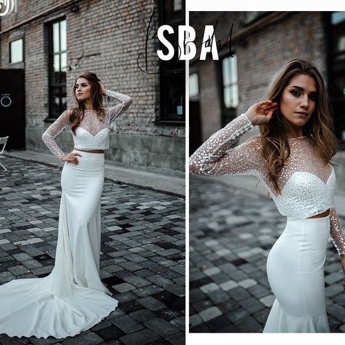 Mermaid Fitted Bridal Dress with a Fishtail, Sequin Beaded Wedding Dress Long Sleeve, Lia Crepe Stretch Fit and Flare Bridal Skirt -3 pieces