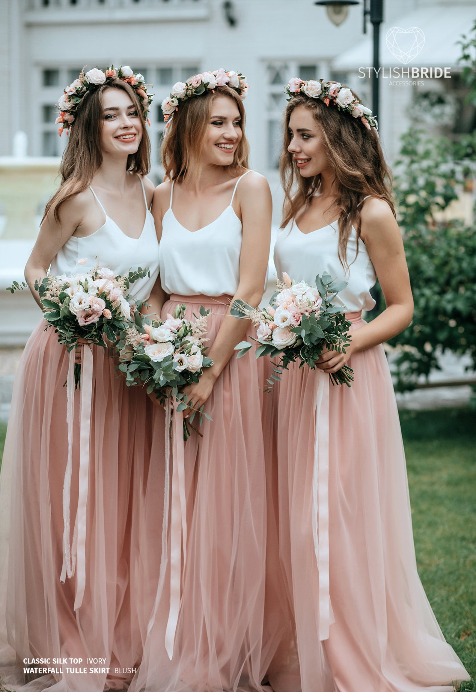 Simple Bridesmaids Silk Cami Top and Waterfall Floor Length Tulle Skirt