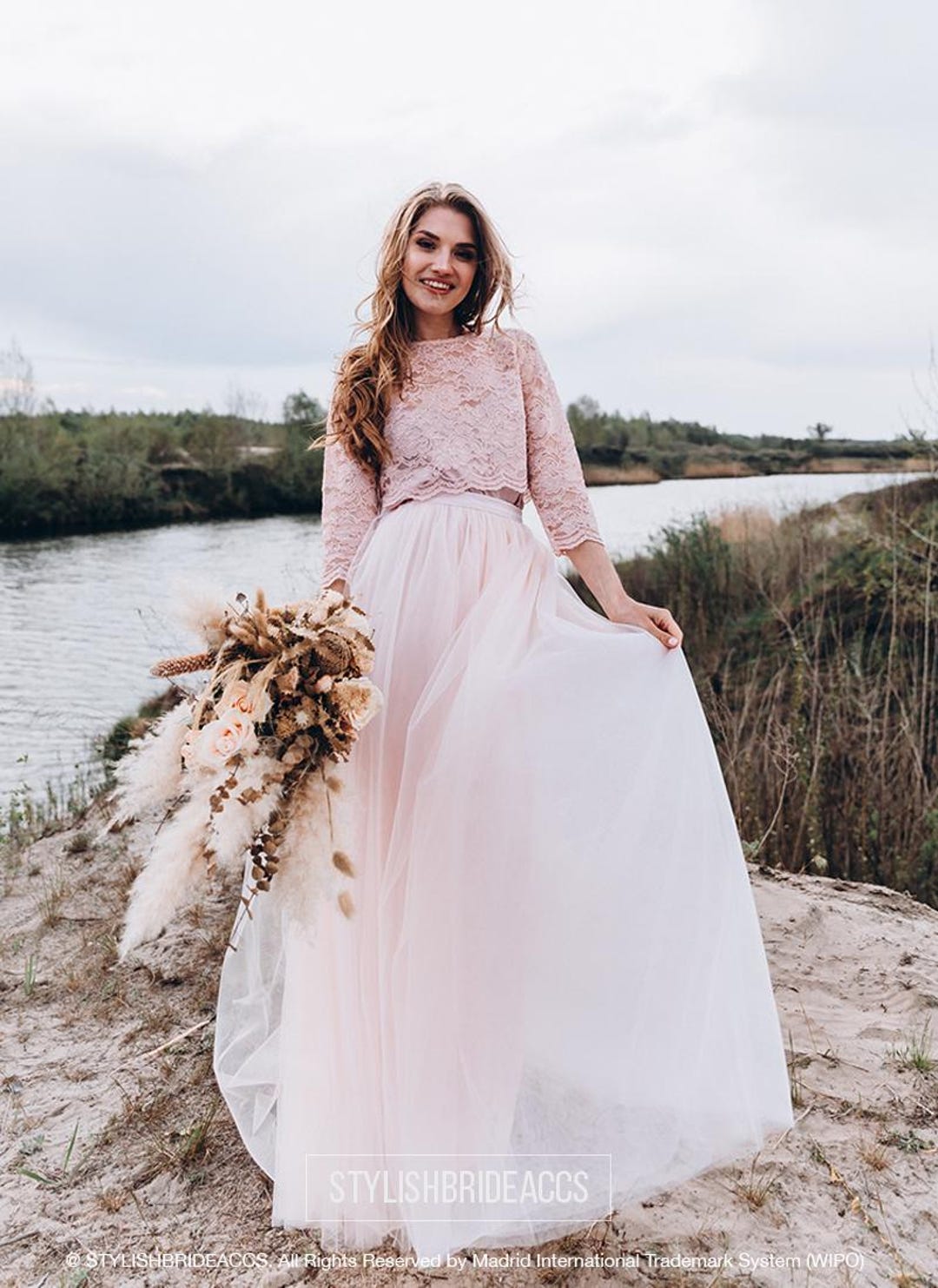 champagne coloured bridesmaid dresses Trendy Lace Top Tulle Skirt Pink Two Piece Bridesmaid Dress,20081821