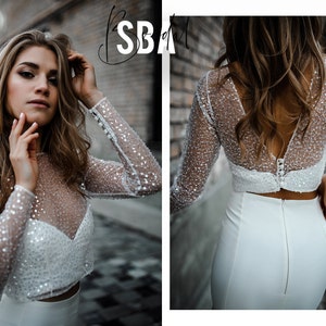 Mermaid Sequin Beaded Bridal Top, Ivory Party Engagement Glitter Crop Top Buttoned Back, Bridesmaids or Bridal Sparkle Blouse Plus Size/ SBA
