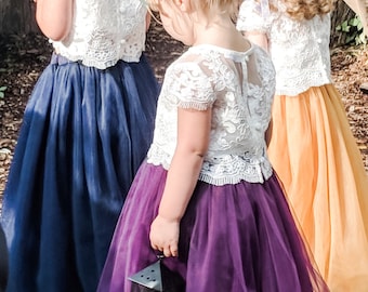 Maxi robe de fille de fleur en tulle, robe de demoiselle d'honneur longueur sol, robe longue pour tout-petit, jupe en tulle de sol anniversaire tout-petit, ensemble 2 pièces fille