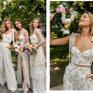 Floral Fantasy: Chiffon Mix and Match Bridesmaid Separates in Botanical Style, Bridesmaid Dresses with Trendy Ruffles and Bows