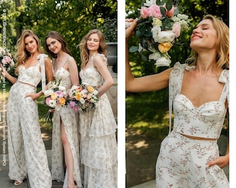 Floral Fantasy: Chiffon Mix and Match Bridesmaid Separates in Botanical Style, Bridesmaid Dresses with Trendy Ruffles and Bows