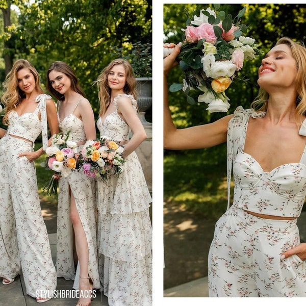 Fantasía floral: vestidos de dama de honor combinados y combinados con gasa en estilo botánico, vestidos de dama de honor con volantes y lazos de moda