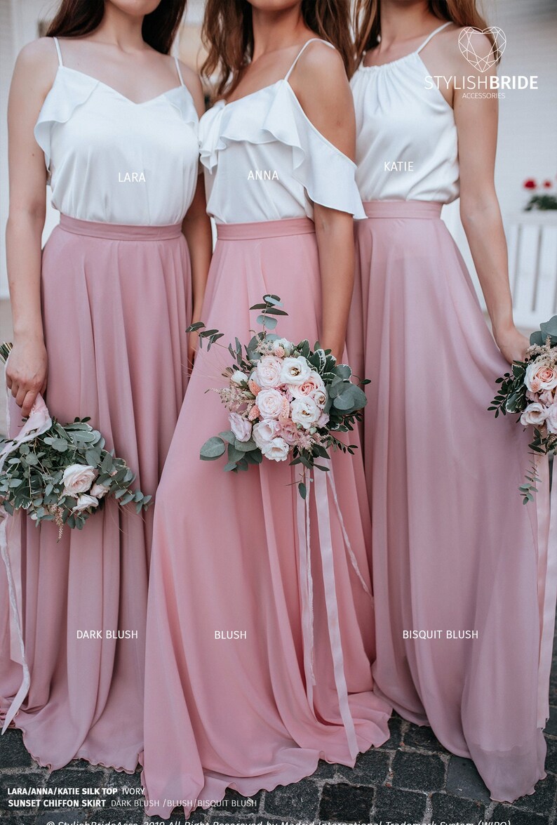 Blush Palette Chiffon Bridesmaid Separates: Chiffon Sunset Full Sun Flying A-line Skirts and Silk Tops available in Plus Sizes image 7