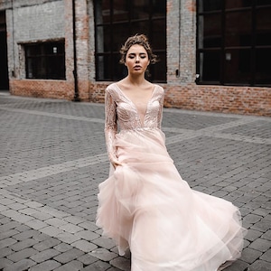 Light Blush Glitter Bridal Tulle Dress - Deep V Back Sparkle Wedding Gown with Train, Princess Style Maxi Dress | Gilded Avenue Dress