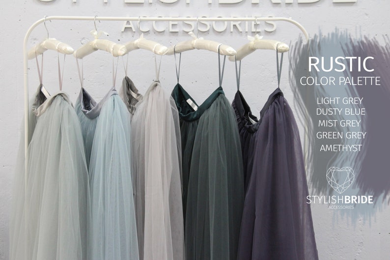 Jupe longue en tulle rustique gris bleu vert palette cascade, demoiselles d'honneur boho, jupes en tulle bleu poussiéreux, robes de demoiselles d'honneur bohème image 1