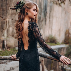 Floral Lace black wedding dress with deep v-back, black lace bridal dress long sleeves plus size Botanical Floral Wedding Dress Rosaleen image 5