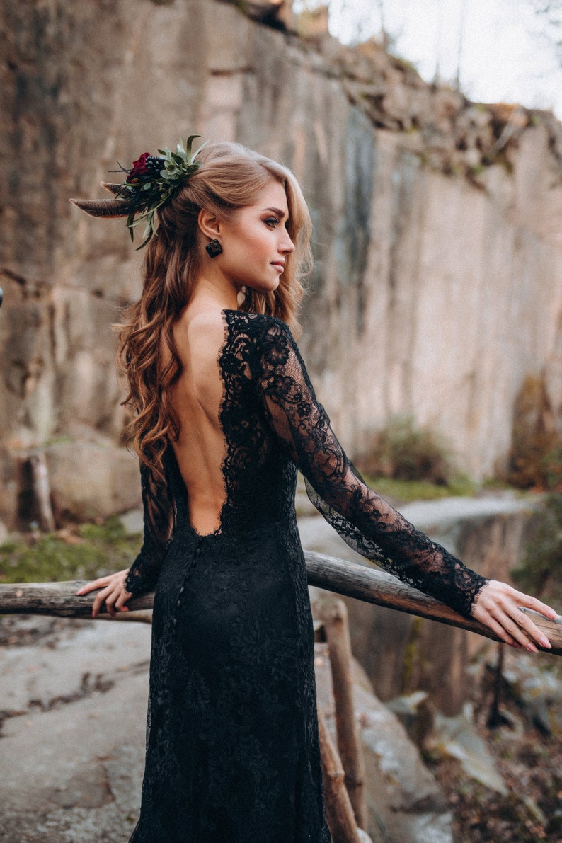 Floral Lace black wedding dress with deep v-back, black lace bridal dress long sleeves plus size Botanical Floral Wedding Dress Rosaleen image 5