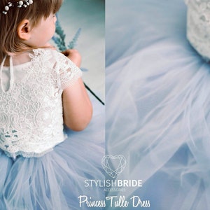Tutu Blue Dress for Flower Girl - Dusty Blue & Indigo Ombre Storm Skirt and Mary Lace Top, Flower Girl Tulle Dresses, toddler dress