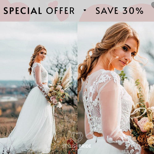 Mia Bohemian wedding dress with Long Sleeve, New  Bridal Separates, Floral Wedding Dress With Glitter Topper by StylishBrideAccs