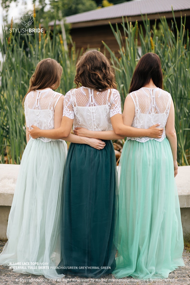 Boho Green Grey Palette Bridesmaid Separates : Pistachio/Green Grey/Herbal Green Waterfall Tulle Skirt and Allure Lace Tops Plus Size image 3