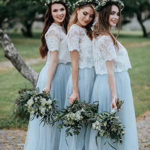 Dusty Blue Boho Bridesmaids Separates: Rustic Bridesmaid Dresses, Dusty Blue Waterfall Tulle Skirt and Belle Lace Top Available in Plus Size image 4