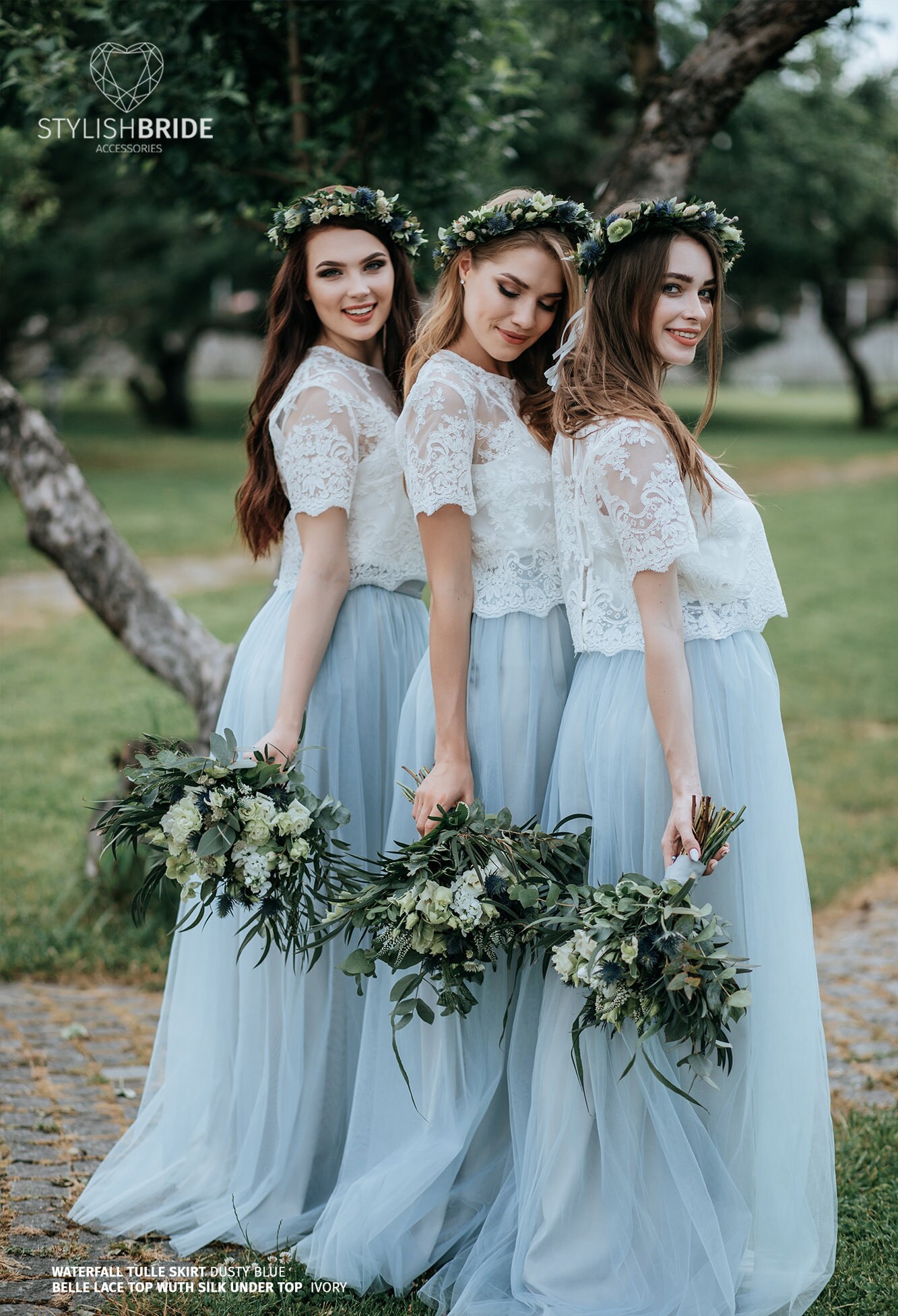 Dusty Blue Boho Bridesmaids Separates Rustic Bridesmaid Dresses Dusty Blue Waterfall Tulle Skirt and Belle Lace Top Available in Plus Size