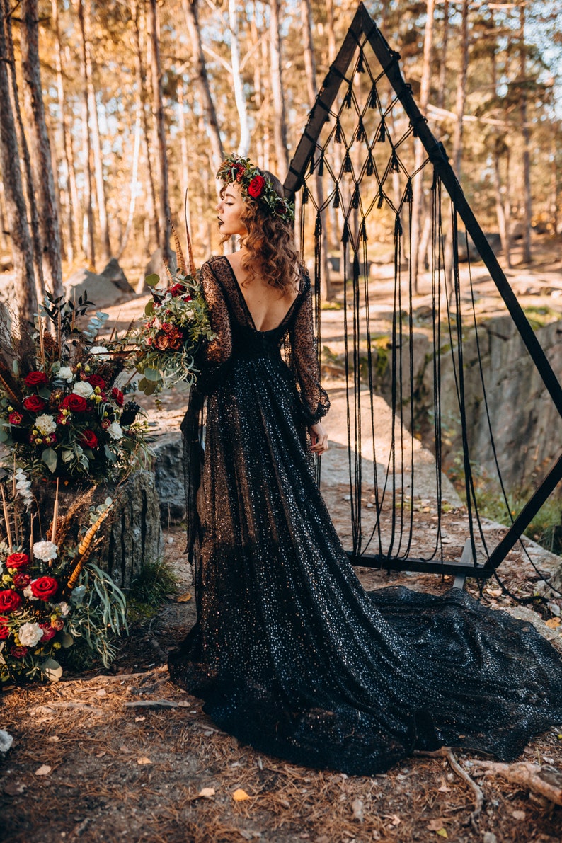 NEW Black Mermaid bridal dress, black wedding dress, black sequined sparkle gown, gothic wedding dress, black prom dress Mermaid image 3