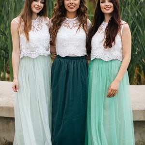 Boho Green Grey Palette Bridesmaid Separates : Pistachio/Green Grey/Herbal Green Waterfall Tulle Skirt and Allure Lace Tops Plus Size image 2